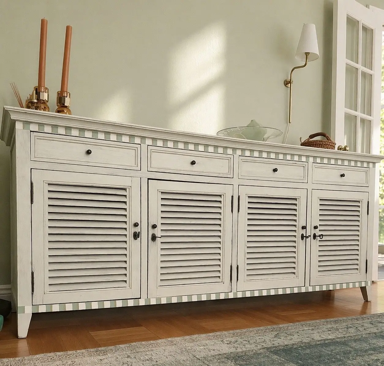 Buffet cabinet after being hand-painted white with pale green striped detailing