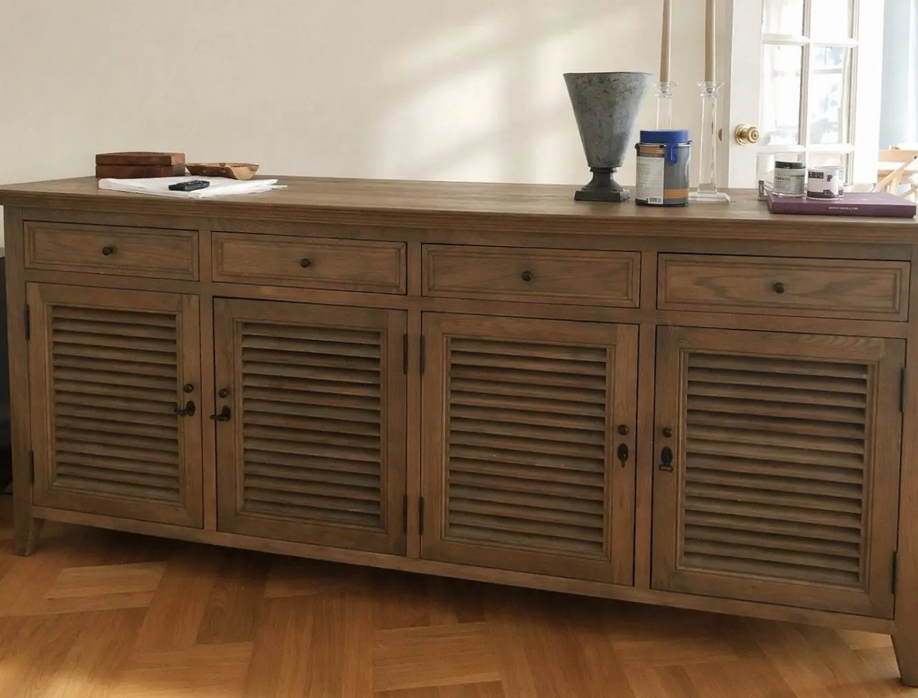 Natural-wood buffet cabinet before it was painted