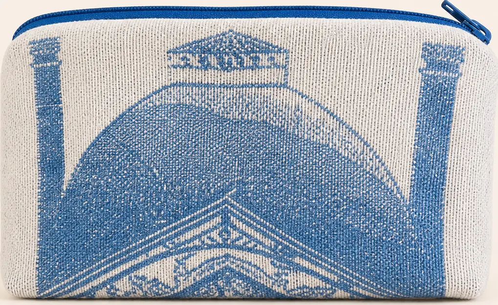 Blue and cream pouch sewn using the central architectural motif of the Yves Delorme tea towel.