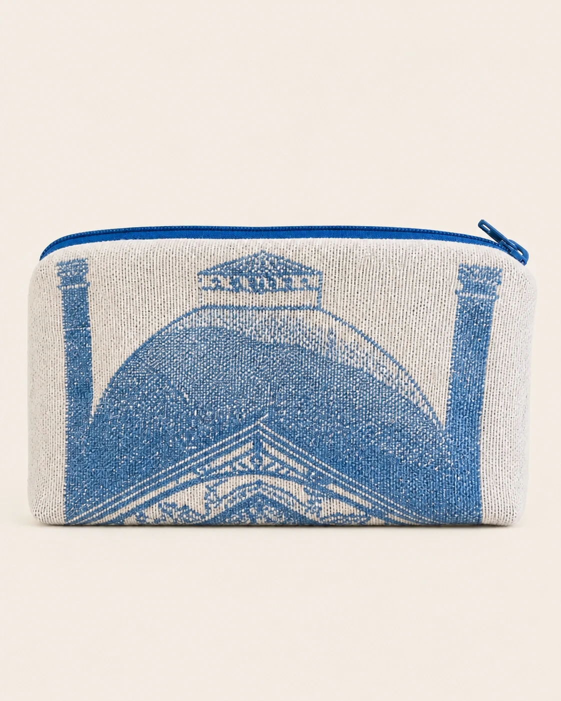 Blue and cream pouch made from the central motif of a 2009 Yves Delorme jacquard tea towel.