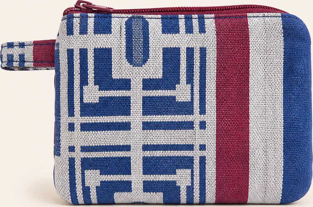 Blue, cream, and burgundy wallet sewn using the woven border of the Yves Delorme tea towel.