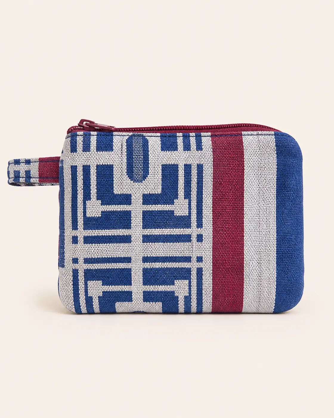Small blue, cream and burgundy wallet made from the border of a 2009 Yves Delorme jacquard tea towel.