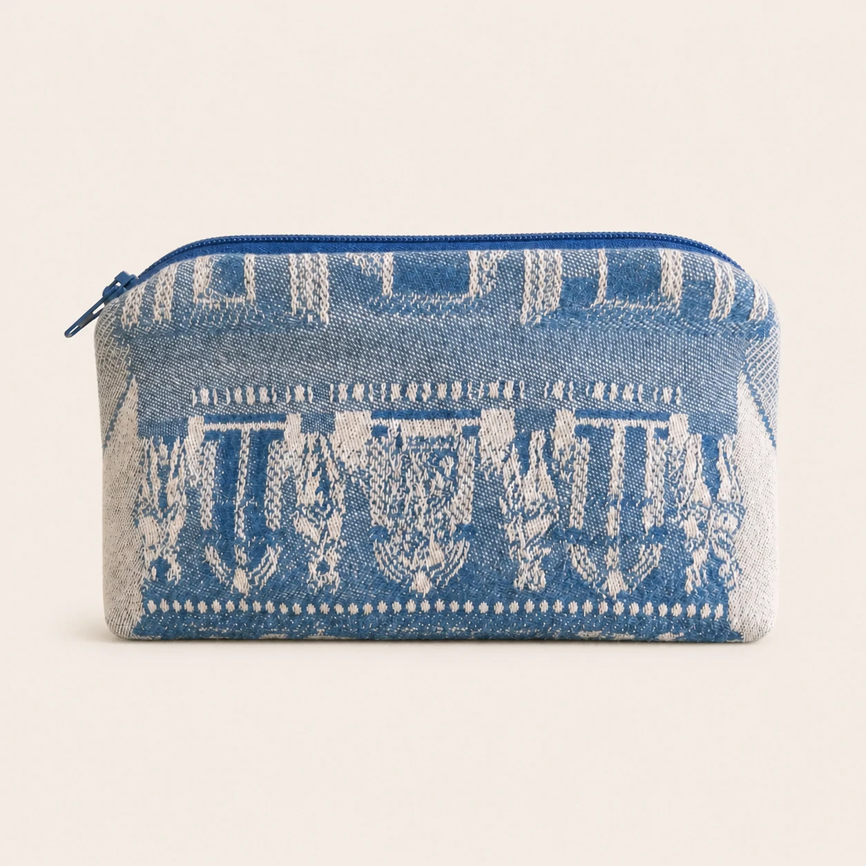 Back of blue and cream pouch made from a 2009 Yves Delorme jacquard tea towel.