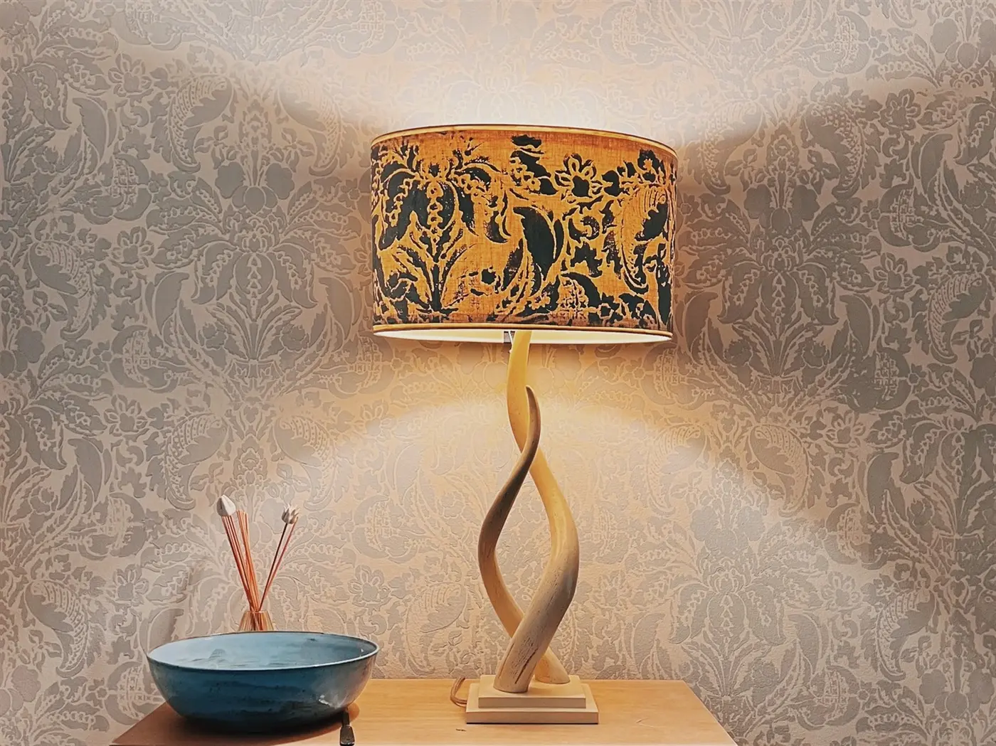 Stencil-painted lampshade in room context
